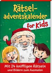 Buchcover mit dem Titel Rätseladventskalender for Kids. Zwei Kinder und ein Weihnachtsmann sind abgebildet.