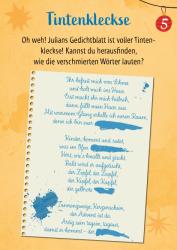 Gelbes Hintergrund mit orangen Sternen. Text in blauer Schrift, Überschrift in größerer Schrift. Handgeschriebener Text auf Notizzettel mit blauer Tinte.