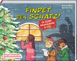 Buchcover mit dem Titel 'FINDEN den SCHATZ!'. Illustration von Kindern vor einem Fenster mit Schnee und einem Weihnachtsbaum.