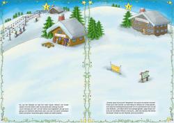 Winterlandschaft mit Skihütte und Bergwacht. Menschen fahren Ski und Snowboard den Hang hinunter.