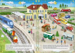 Bahnhof mit verschiedenen Fahrzeugen und Menschen. Weihnachtsmarkt mit Ständen und festlicher Dekoration.