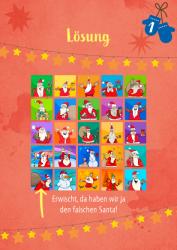 Mehrere bunte Bilder von Santa Claus in verschiedenen Posen und Outfits. Ein Text darunter sagt, dass der falsche Santa erwischt wurde.