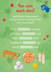 Grüner Hintergrund mit Weihnachtsmotiven, darunter Schneemann, Sterne, Geschenke, Kerzen und Rodel. Enthält Text mit Aufgaben zum Bilderraten.