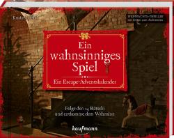 Buchcover mit dem Titel 'Ein wahnsinniges Spiel'. Dunkler Hintergrund mit Treppe und einem Spielzeugpferd.