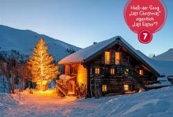 Schneebedecktes Haus mit warm erleuchteten Fenstern, daneben eine beleuchtete Tanne. Im Hintergrund Berge unter hellem Himmel.