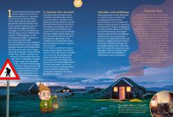 Illustration eines kleinen Mädchens mit braunem Haar, das eine Laterne hält. Im Hintergrund eine ländliche Landschaft mit Häusern und Himmel bei Dämmerung.