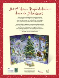 Adventskalender mit 24 kleinen Pappbilderbuchseiten. Bunte Illustration eines Weihnachtsbaums mit Tieren und Geschenken, im Hintergrund verschneite Winterlandschaft.