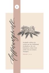 Beige Hintergrund mit brauner vertikaler Leiste. Handgeschriebener Text 'hoffnungsvoll' in Schwarz. Illustration eines Tannenzweigs mit Blumen und Nadeln.