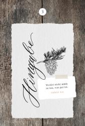 Weiße Karte mit schwarzem Schriftzug Happy und einer Zeichnung einer Tannenzapfen mit Nadeln. Darunter ein Zitat aus Galater 6,9 in kleiner Schrift.