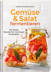 Buchcover mit dem Titel 'Gemüse & Salat fermentieren'. Zwei Gläser mit buntem eingelegtem Gemüse sind abgebildet.