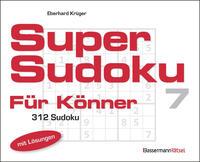 Buchcover mit dem Titel 'Super Sudoku für Könner'. Rote Schrift auf weißem Hintergrund, enthält Sudoku-Rätsel.