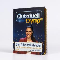 Buch mit dunklem Cover, Titel Quizduell Olymp, Bild einer lachenden Frau mit dunklem Haar in rotem Blazer, Sterne im Hintergrund, Titel in großen weißen und gelben Buchstaben, Untertitel in weißem Feld.