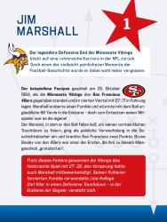 Informationsblatt über Jim Marshall, einen berühmten Footballspieler. Enthält Text und Logos, rote Sternelemente.