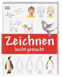 Buchcover mit dem Titel 'Zeichnen leicht gemacht'. Illustrationen von Tieren und Menschen in verschiedenen Zeichenschritten.