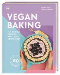 Buchcover mit dem Titel 'Vegan Baking'. Farbige Gestaltung in Lila und Rosa, zeigt einen Kuchen mit Beeren.
