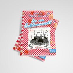 Buchcover von 'So ein Schlamassel!' aus der Reihe Gregs Tagebuch. Illustration eines Jungen mit einem Teller Spaghetti.