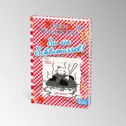 Buchcover von 'So ein Schlamassel!' aus der Reihe Gregs Tagebuch. Illustration eines Jungen mit einem Teller Spaghetti.
