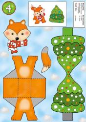 Fuchs mit roter Jacke und weißem Schal, neben einer Weihnachtsbaumfigur. Der Baum ist grün mit bunten Sternen und Kugeln.