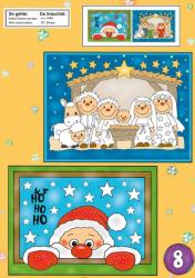 Krippenszene mit Maria, Josef, Jesuskind, Schafen und Sternenhimmel. Weihnachtsbild mit Sternen und Heiligenschein.