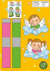 Vier Kinder schlafen in Betten mit Himmel. Zwei Kinder mit Flügeln und Wolken sitzen oben, zwei Kinder mit Flügeln und Wolken unten. Farbige Sterne und Zahlen im Hintergrund.