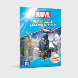Buchcover mit dem Titel 'Supercoole Leseabenteuer'. Abgebildete Charaktere sind Loki, Captain America und Spider-Gwen.