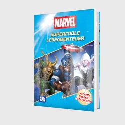 Buchcover mit dem Titel 'Supercoole Leseabenteuer'. Abgebildete Charaktere sind Loki, Captain America und Spider-Gwen.