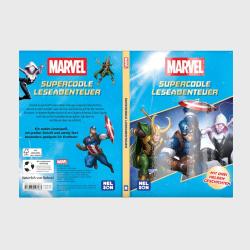 Buchcover mit dem Titel 'Supercoole Leseabenteuer'. Abgebildete Charaktere sind Loki, Captain America und Spider-Gwen.