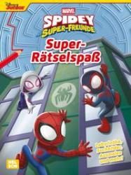 Cover eines Rätselbuchs mit dem Titel 'Super-Rätselspaß'. Abgebildet sind Spider-Man und andere Charaktere in einem bunten Design.