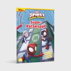 Cover eines Rätselbuchs mit dem Titel 'Super-Rätselspaß'. Abgebildet sind Spider-Man und andere Charaktere in einem bunten Design.