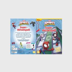 Cover eines Rätselbuchs mit dem Titel 'Super-Rätselspaß'. Abgebildet sind Spider-Man und andere Charaktere in einem bunten Design.