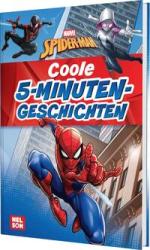 Buchcover mit dem Titel 'Coole 5-Minuten-Geschichten'. Abgebildet sind Spider-Man und andere Charaktere in einem comicartigen Stil.