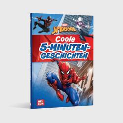 Buchcover mit dem Titel 'Coole 5-Minuten-Geschichten'. Abgebildet sind Spider-Man und andere Charaktere in einem comicartigen Stil.