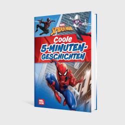 Buchcover mit dem Titel 'Coole 5-Minuten-Geschichten'. Abgebildet sind Spider-Man und andere Charaktere in einem comicartigen Stil.