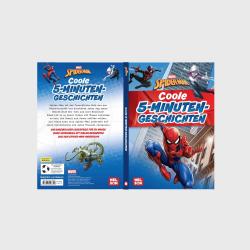 Buchcover mit dem Titel 'Coole 5-Minuten-Geschichten'. Abgebildet sind Spider-Man und andere Charaktere in einem comicartigen Stil.