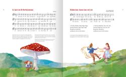 Buchcover mit dem Titel 'Meine schönsten Kinderlieder'. Bunte Illustration eines Baumes mit Kindern, die musizieren.
