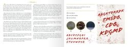 Zwei Seiten eines Buches mit Text. Auf der rechten Seite eine farbige Gestaltung mit roten Buchstaben und Blutflecken, daneben eine kleine Legende mit drei Auswahlmöglichkeiten.