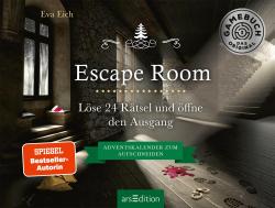 Buchcover mit dem Titel Escape Room. Dunkler Raum mit Fenstern, Lichtstrahlen, Fußspuren und Handschellen auf dem Boden. Enthält Text und Logos, darunter ein Weihnachtsbaum und ein Bestseller-Label.