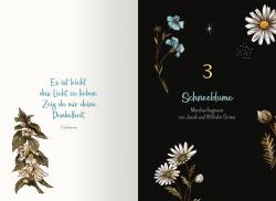 Buchcover mit weißen und schwarzen Hintergründen. Linke Seite mit einem Zitat in blauer Schrift, rechte Seite mit Blumenmuster und Titel Schneeblume in blauer Schrift.