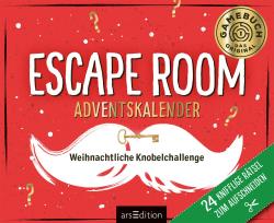Rotes Adventskalender mit weihnachtlichem Design. Auf der Vorderseite steht ESCAPE ROOM DAS ORIGINAL und ein goldener Siegel mit GAMEBUCH. Es gibt einen grünen Streifen mit weißen Texten.