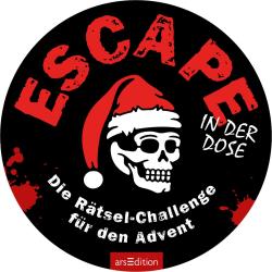 Schwarzer Hintergrund mit rotem Schriftzug 'ESCAPE'. Totenkopf mit Weihnachtsmütze und blutigen Spritzern.