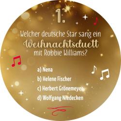 Runder, goldener Hintergrund mit Sternen und Lichtreflexen. Darauf weiße und rote Musiknoten sowie Text in verschiedenen Schriftarten.