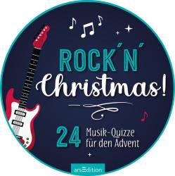 Runder Aufkleber mit dunkelbluem Hintergrund. Darauf steht in bunten Buchstaben Rock N Christmas. Es gibt eine rote E-Gitarre und Musiknoten.