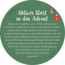 Grüner runder Hintergrund mit weißen und roten Weihnachtsornamenten. Darauf weiße handschriftliche Schrift mit Text zur Adventsaktivierung.