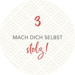Weißer Hintergrund mit einem Muster aus dünnen, goldfarbenen Linien. In der Mitte steht schwarzer Text mit roten Akzenten, der zum Selbststolz aufruft.