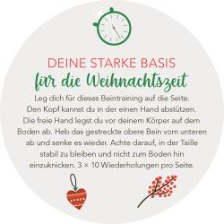 Weißer runder Hintergrund mit grüner Uhr und roten Schriftzug DEINE STARKE BASIS für die Weihnachtszeit. Darunter Text und kleine Illustrationen eines Weihnachtsbaums und einer Christbaumkugel.