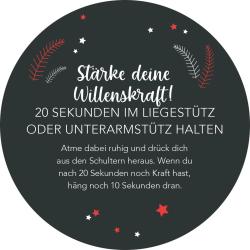 Runder dunkler Hintergrund mit weißen und roten Sternen und kleinen Zweigen. Zentrale weiße Schrift mit Motivationsspruch in deutscher Sprache.