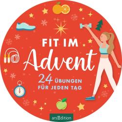 Runder roter Hintergrund mit weihnachtlichen Symbolen wie Sternen Schneeflocken und Weihnachtsbaum. In der Mitte steht der Text Fit im Advent mit 24 Übungen für jeden Tag. Es gibt Illustrationen von Sport und Obst.