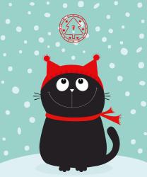 Schwarze Katze mit großen weißen Augen trägt eine rote Mütze mit zwei spitzen Enden und einem roten Schal. Der Hintergrund ist hellblau mit weißen Schneeflocken.