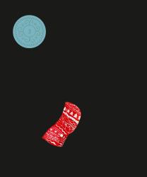 Schwarzer Hintergrund mit einem blauen, dekorativen Kreis oben links. Darunter ein rotes, weihnachtlich gestaltetes Band mit weißen Mustern.