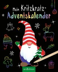 Schwarzer Hintergrund mit bunten, kindlich gestalteten Weihnachtsmotiven wie Schneeflocken, Geschenke, Weihnachtsbaum, Rentier, Lebkuchenmann, Weihnachtskugeln und Sternen. Im Mittelpunkt ein Weihnachtswichtel mit rotem und weißen gestreiftem Hut, weißem Bart, grüner Hand und Weihnachtsbaum in der Hand. Titel in weißer Schrift: Mein Kritzkritz-Adventskalender.